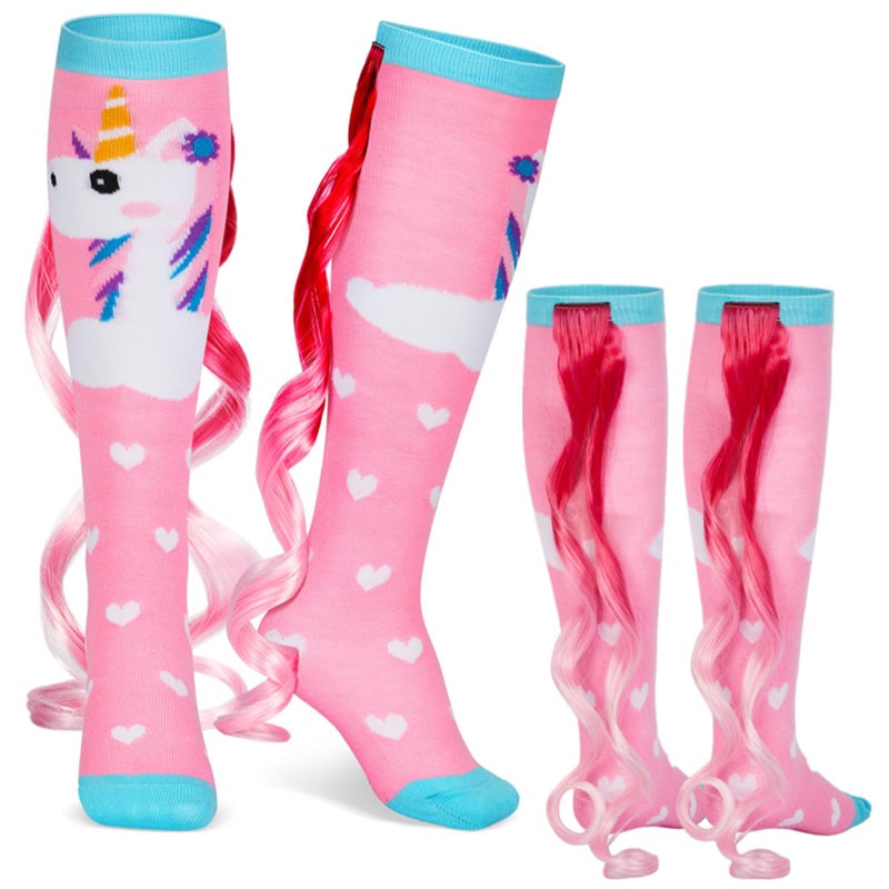 Yearntown 1 Pairs Crazy Fun Silly Wacky High Socks Unicorn Mermaid Socks with Wigs Gift for Kids Girls Woman(Pink Unicorn) - Image 1