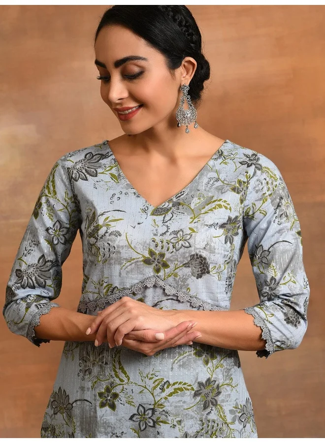 AKS Grey Floral Print Lurex Design Kurta