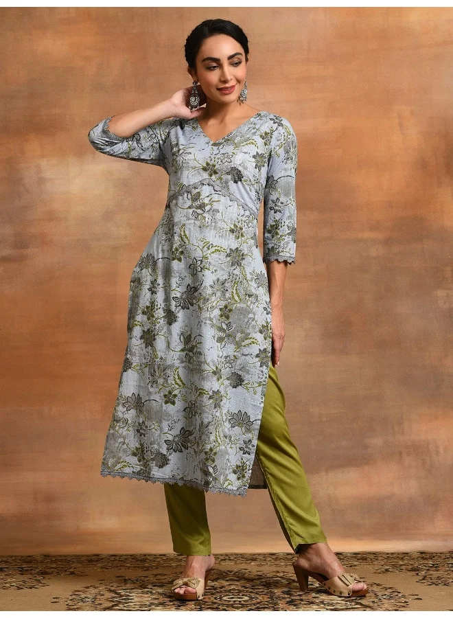 AKS Grey Floral Print Lurex Design Kurta