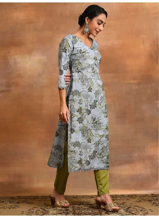 AKS Grey Floral Print Lurex Design Kurta