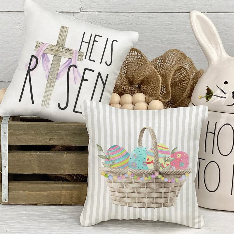 GEEORY Happy Easter Throw Pillow Covers 18x18 Set of 4 Bunny He is Risen Cross Eggs Spring Home Decor for Couch G261-18 - Image 4