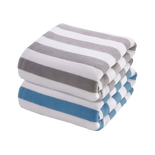 MAXOSHINE Microfiber Towels for Bath-Stripes Bath Towel for Men and Women-Soft Coral Fleece Towel with Hook Quick Dry Super Absorbent-70 X 140 Cm (Blue/Grey, Pack of 2), 300 TC - Image 1