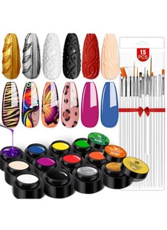 Saviland Gel Paint Kit Gel Nail Polish Kit 12 Colors Soak Off Gel Polish Set With 15Pcs Painting Drawing Nail Brush Pen For Nail Art Design & Nail Salon  - Image 1