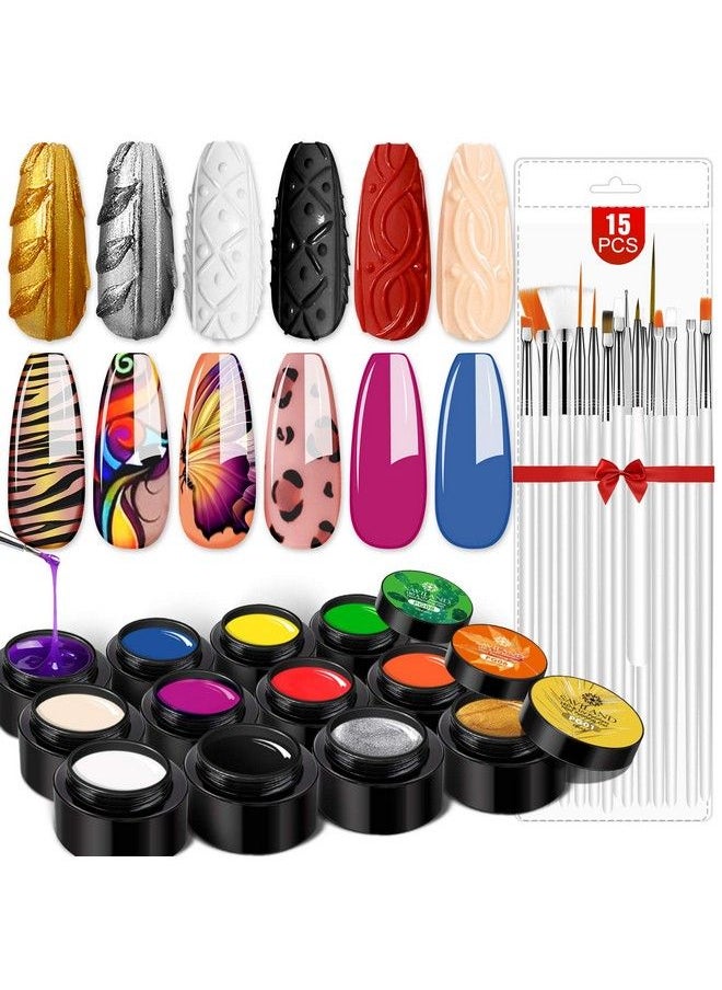 Saviland Gel Paint Kit Gel Nail Polish Kit 12 Colors Soak Off Gel Polish Set With 15Pcs Painting Drawing Nail Brush Pen For Nail Art Design & Nail Salon  - Image 1