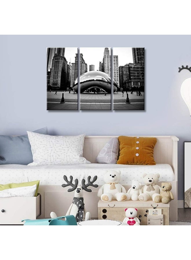 Home Trove 3 Pieces Black And White Wall Art - The Millennium Park In Downtown Chicago Photograph Picture Print On Canvas - Cloud Gate Wall Art For Living Room Bedroom Modern Home Decor Ready To Hang(36"Wx24"H) - Image 3