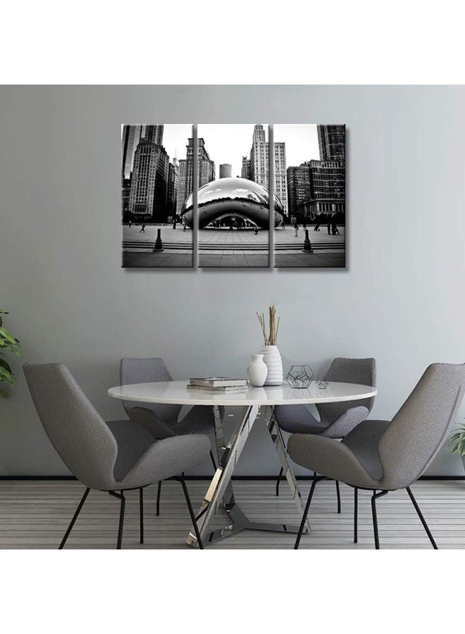 Home Trove 3 Pieces Black And White Wall Art - The Millennium Park In Downtown Chicago Photograph Picture Print On Canvas - Cloud Gate Wall Art For Living Room Bedroom Modern Home Decor Ready To Hang(36"Wx24"H) - Image 2