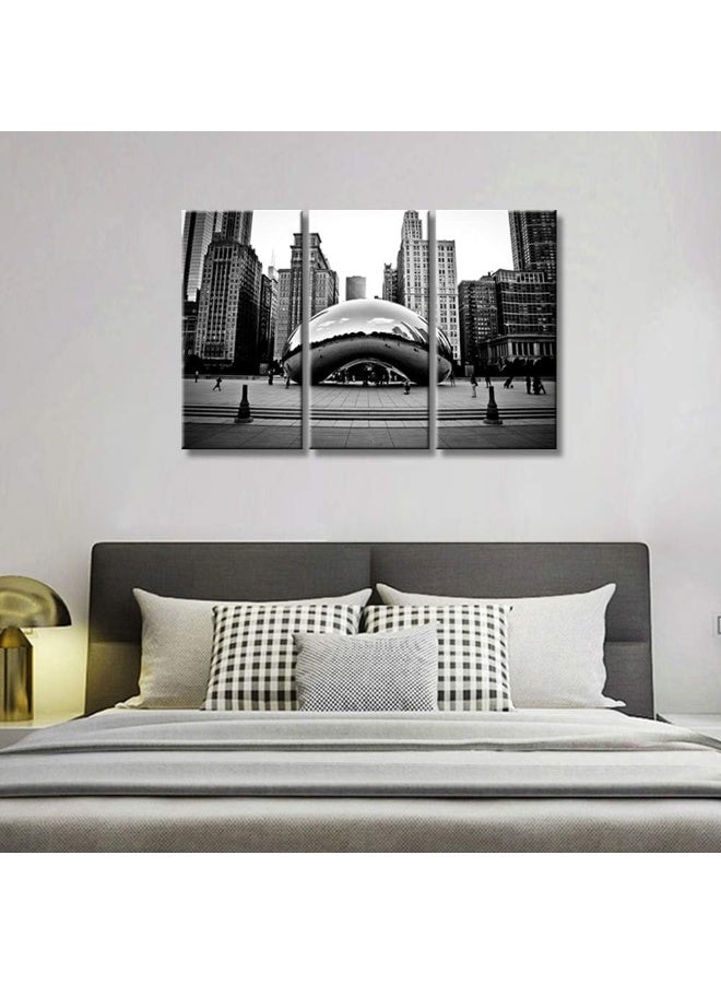 Home Trove 3 Pieces Black And White Wall Art - The Millennium Park In Downtown Chicago Photograph Picture Print On Canvas - Cloud Gate Wall Art For Living Room Bedroom Modern Home Decor Ready To Hang(36"Wx24"H) - Image 4