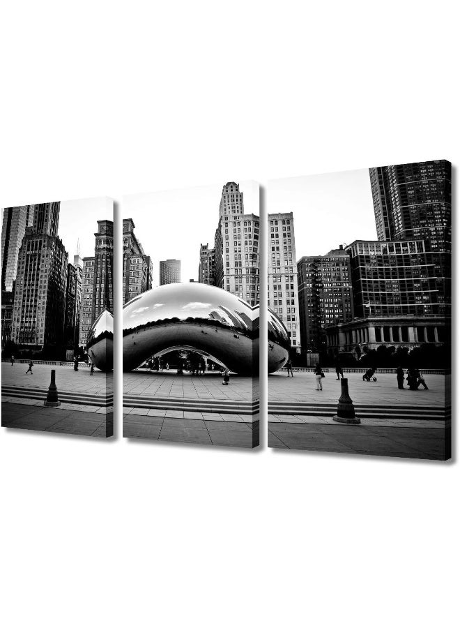 Home Trove 3 Pieces Black And White Wall Art - The Millennium Park In Downtown Chicago Photograph Picture Print On Canvas - Cloud Gate Wall Art For Living Room Bedroom Modern Home Decor Ready To Hang(36"Wx24"H) - Image 1