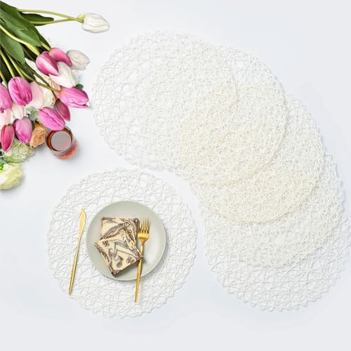 IcosaMro White Round Placemats Set of 6 for Dining Table 15 Inch Paper Woven Boho Decorative Circle Place Mat for Wedding Holiday Christmas Thanksgiving Day Dinner