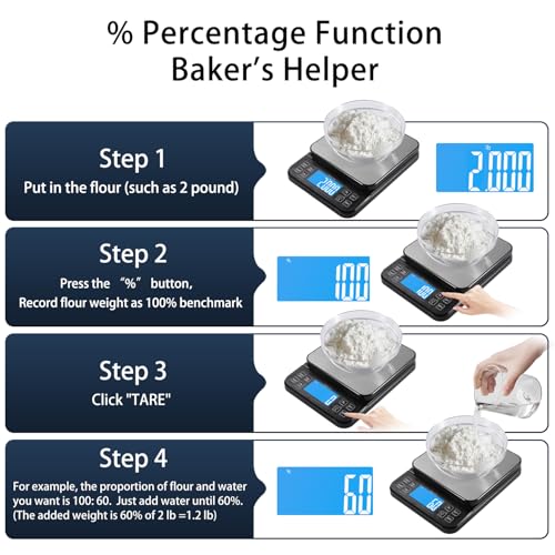BOMATA Large Kitchen Scale with 0.1g/0.001oz High Precision, 5kg/11lb Bakery Scale with% Percentage Function, USB Rechargeable, Full-View Angle LCD with Backlight, Stainless Steel Pan - Image 3