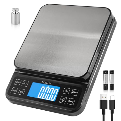 BOMATA Large Kitchen Scale with 0.1g/0.001oz High Precision, 5kg/11lb Bakery Scale with% Percentage Function, USB Rechargeable, Full-View Angle LCD with Backlight, Stainless Steel Pan - Image 1