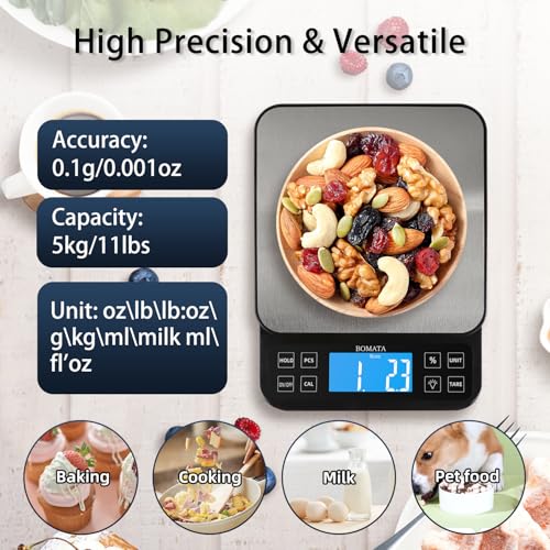 BOMATA Large Kitchen Scale with 0.1g/0.001oz High Precision, 5kg/11lb Bakery Scale with% Percentage Function, USB Rechargeable, Full-View Angle LCD with Backlight, Stainless Steel Pan - Image 2