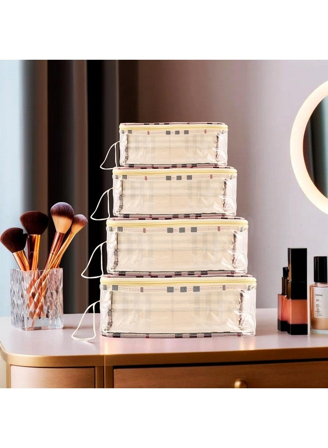 Hearts Makeup Storage Bag | Cosmetic Storage Box | Jewellery Box For Women | Travel Pouch | Transparent Makeup Kit | 4 Different Pouch | Checkdori Vanity Pouch | Cream - Image 1