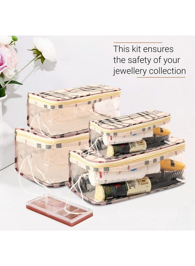 Hearts Makeup Storage Bag | Cosmetic Storage Box | Jewellery Box For Women | Travel Pouch | Transparent Makeup Kit | 4 Different Pouch | Checkdori Vanity Pouch | Cream - Image 2