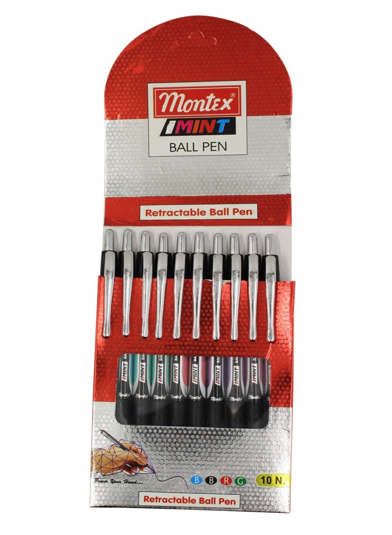 montex 10-Piece Mint Retractable Ballpoint Pen With Metal Body Blue Ink - Image 1