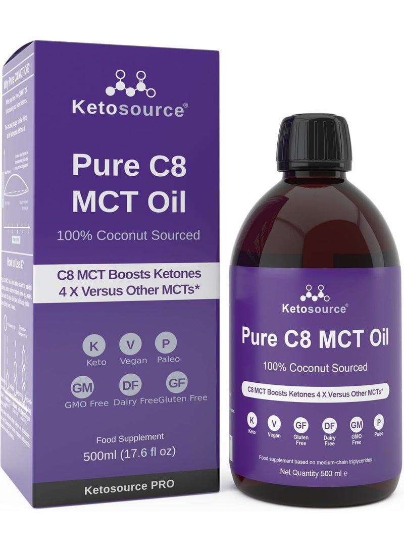 كيتوسورس زيت MCT النقي C8 | يعزز الكيتونات 4 أضعاف مقارنةً بأنواع MCT الأخرى | أعلى نقاء 99%+ | جوز هند 100% | مناسب لحمية الكيتو، والصيام، والنباتيين، وخالٍ من الغلوتين | نقاء ممتاز تم اختباره معمليًا | حمض الكابريليك | 500 مل - Image 1