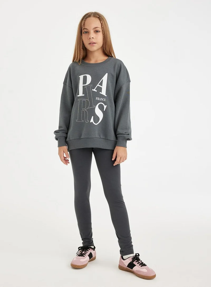 DeFacto Anthracite Oversized Crew Neck Slogan Printed Sweatshirt