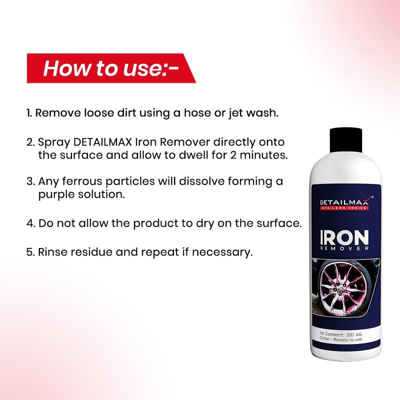 Detailmax Iron Remover 500ml, Rim Cleaner Iron Remover for Car and Bike, Removes Rust and Fallout from Exterior Car and Bike Surfaces, Safe on Chrome, Aluminium & Alloy Wheels - Image 4