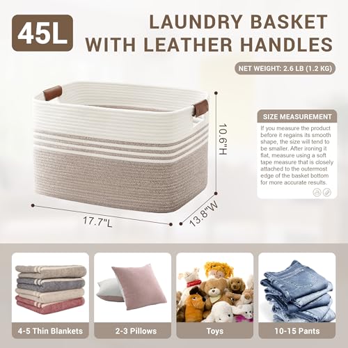 SunNewt 45L Small Laundry Basket with Leather Handles for Living Room Storage Woven Rope Baskets Bin for Blanket Kids Toy Gifts Wicker Hamper for Bedroom Dirty Clothes 18x14x11 White Brown - Image 3