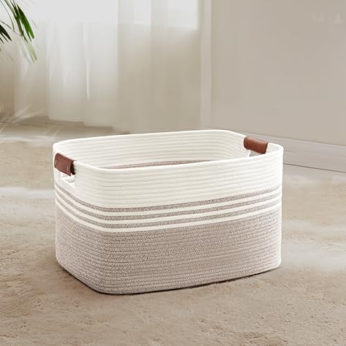SunNewt 45L Small Laundry Basket with Leather Handles for Living Room Storage Woven Rope Baskets Bin for Blanket Kids Toy Gifts Wicker Hamper for Bedroom Dirty Clothes 18x14x11 White Brown - Image 1