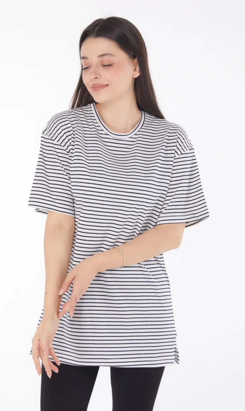 Tofisa Plain Crew Neck Women's Navy Blue Striped Short Sleeve T-Shirt - 25762