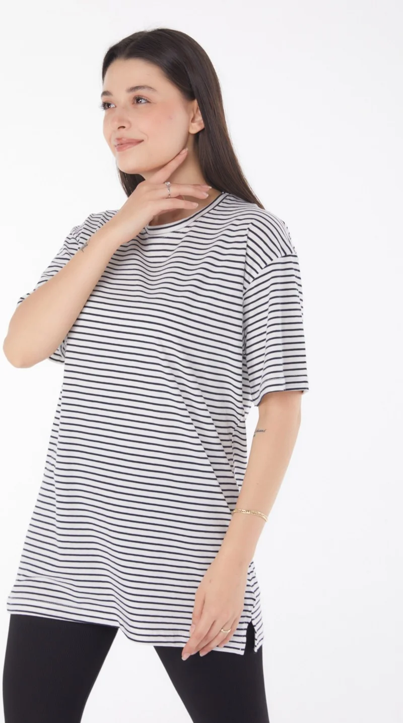 Tofisa Plain Crew Neck Women's Navy Blue Striped Short Sleeve T-Shirt - 25762