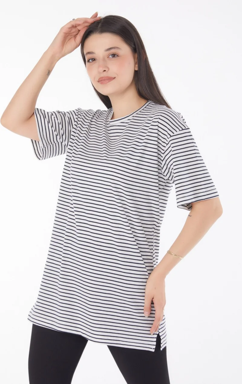 Tofisa Plain Crew Neck Women's Navy Blue Striped Short Sleeve T-Shirt - 25762