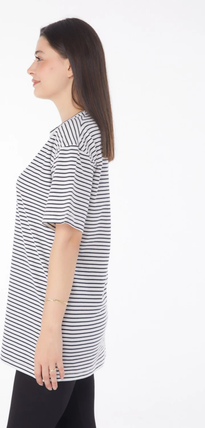 Tofisa Plain Crew Neck Women's Navy Blue Striped Short Sleeve T-Shirt - 25762