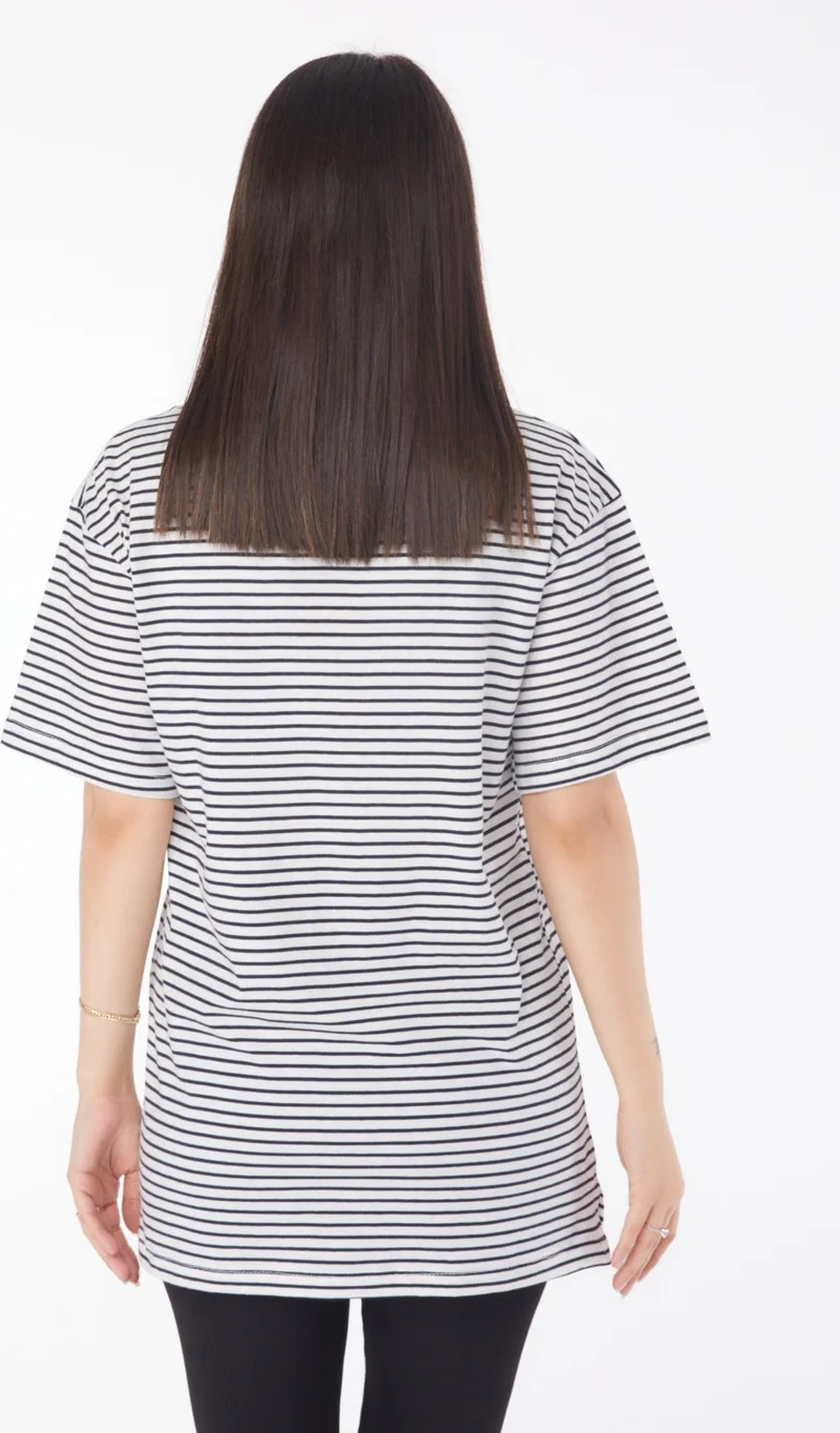 Tofisa Plain Crew Neck Women's Navy Blue Striped Short Sleeve T-Shirt - 25762