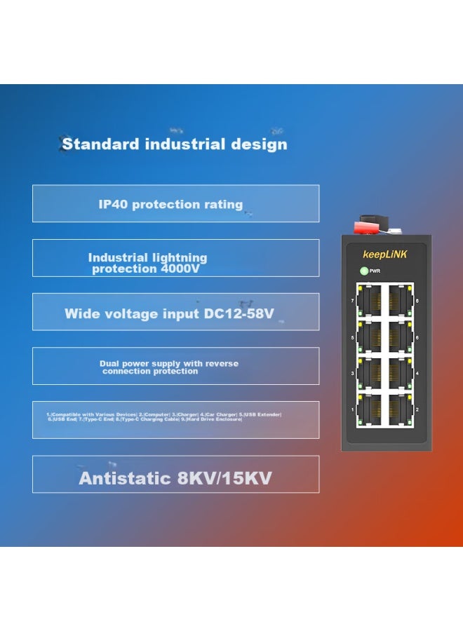 Keeplink Kp-9000 Industrial Ethernet Switch, 8-port 100mbps Compact Mini Unmanaged Rail-mounted Network Device - Image 2