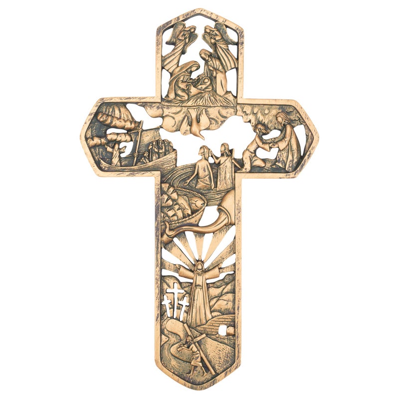 Dicksons Life of Christ Stories Carved Woodgrain 11 Inch Resin Hanging Wall Cross