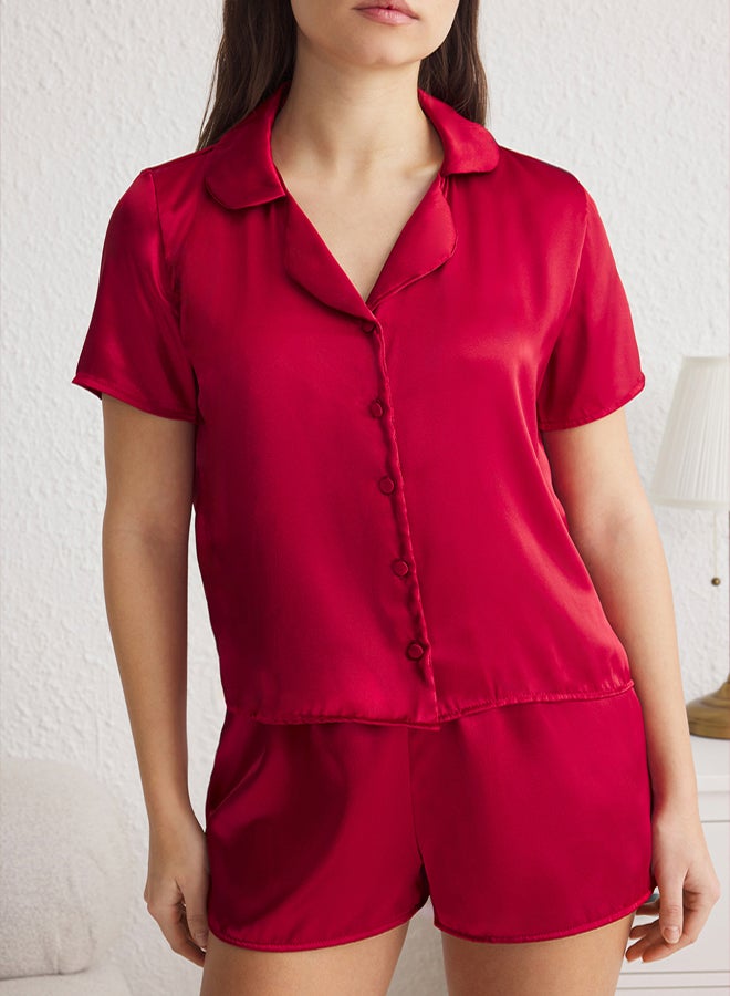 trendyol Burgundy Satin Shorts Woven Pajama Set  - Image 3