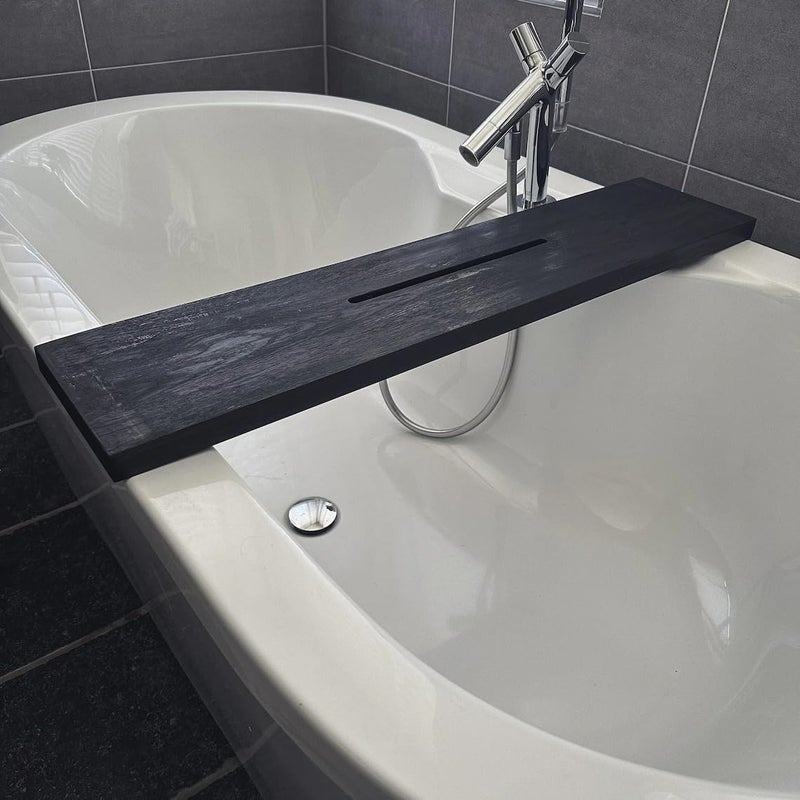 Runam Woods صينية حوض الاستحمام الخشبية الصلبة الفاخرة من رنام وودز للحمام، صينية مع حامل موبايل، رف حوض استحمام يدوي الصنع، صينية منزل سبا. (أسود، 110 سم) - Image 3