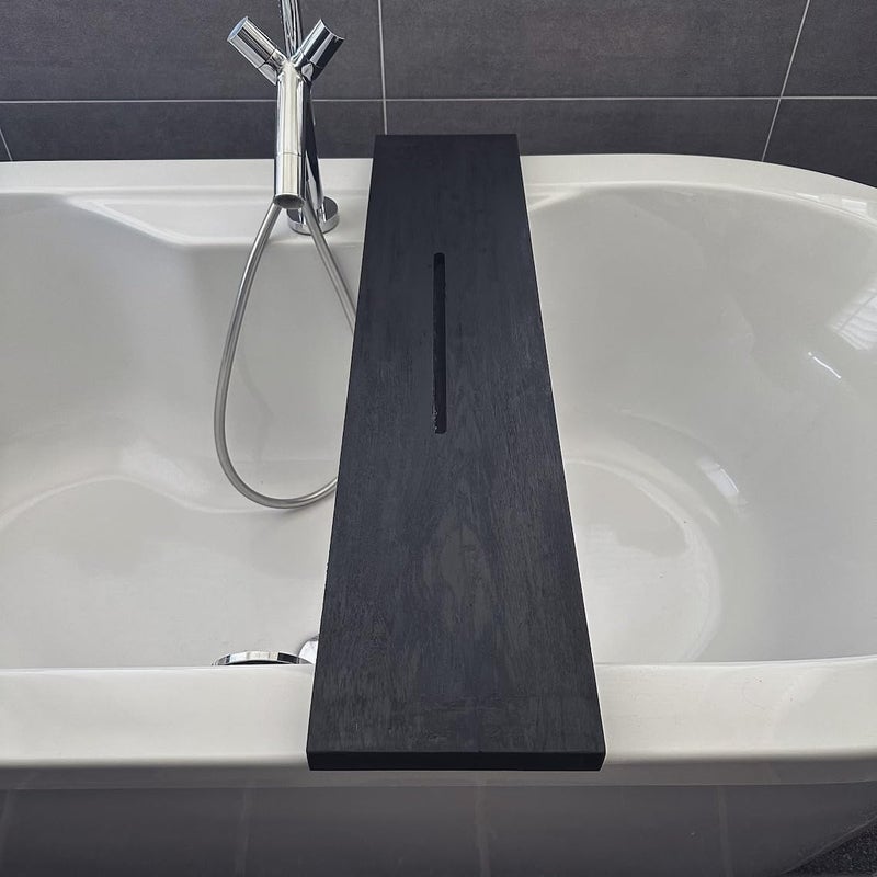 Runam Woods صينية حوض الاستحمام الخشبية الصلبة الفاخرة من رنام وودز للحمام، صينية مع حامل موبايل، رف حوض استحمام يدوي الصنع، صينية منزل سبا. (أسود، 110 سم) - Image 5