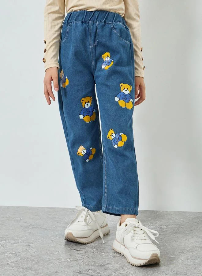Styli Girls Teddy Pear Graphic Print Cotton Jeans
