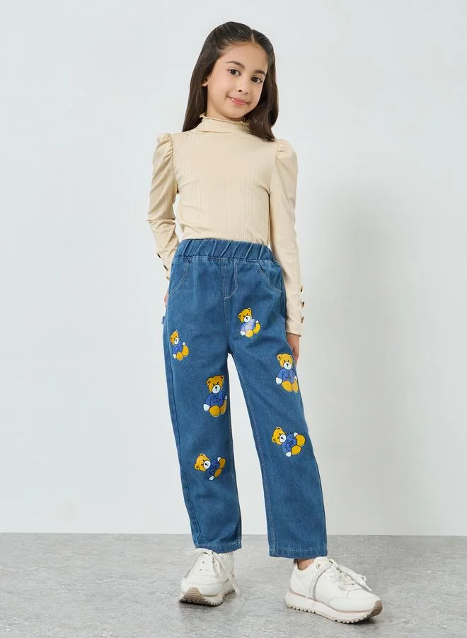 Styli Girls Teddy Pear Graphic Print Cotton Jeans