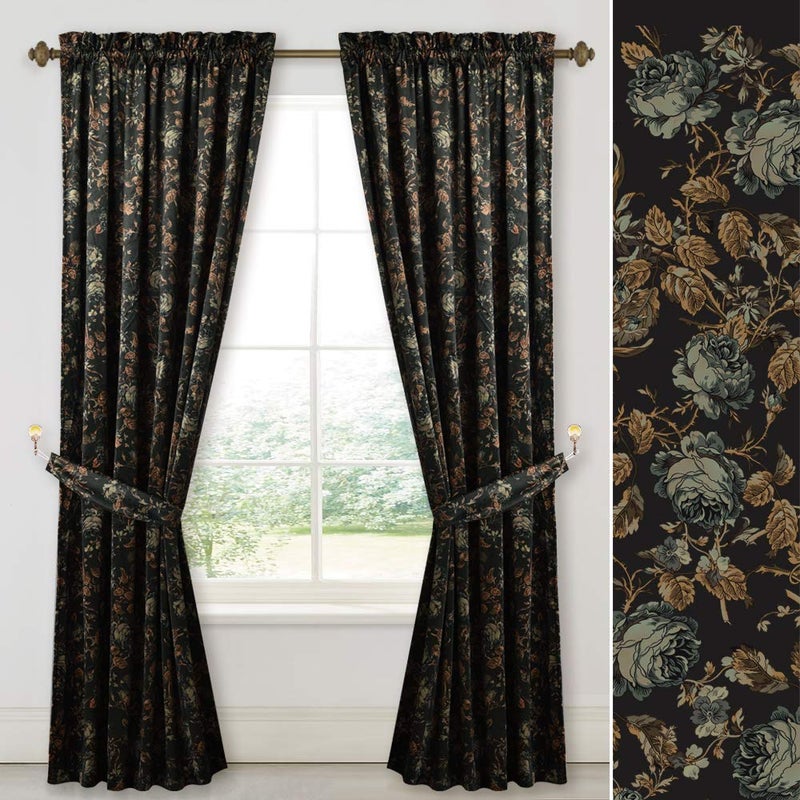 StangH Floral Black Velvet Curtains for Living Room  Retro Home Decor Room Darkening Window Curtain Panels for Bedroom Thermal Insulated Privacy Drapes for Sliding W52 x L108 2 Panels