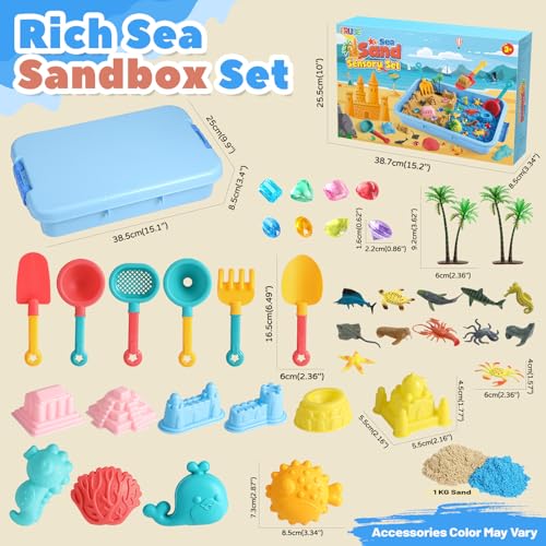 FRUSE Ocean Sensory Bin,Play Sand Art Kit with 2.2lbs Play Sand,12 Sea Animal Toys,Sand Molds,Role Play Beach Toy Sandbox Toys for Toddlers 3 4 5 6 7 - Image 4
