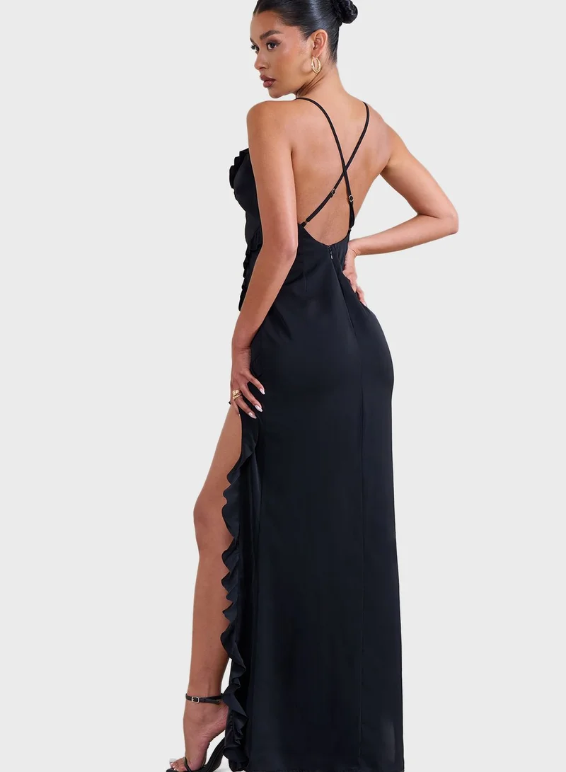 club l london ruffle dress Club L London Black Ruffle Bardot Mini Dress