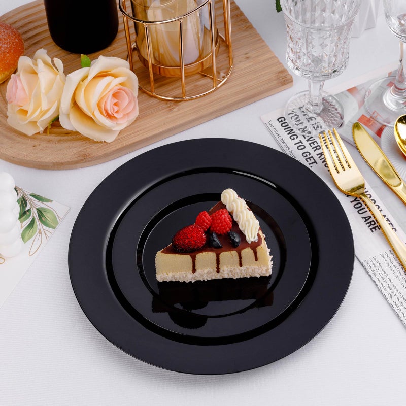 Bestluck 100PCS Black Plastic Plates, Black Disposable Plates for 50 Guests, 50 Dinner Plates 10.25 inch and 50 Dessert Plates 7.5 inch for Party, Graduation, Wedding - Image 4