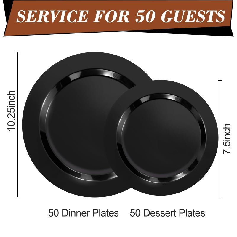 Bestluck 100PCS Black Plastic Plates, Black Disposable Plates for 50 Guests, 50 Dinner Plates 10.25 inch and 50 Dessert Plates 7.5 inch for Party, Graduation, Wedding - Image 2