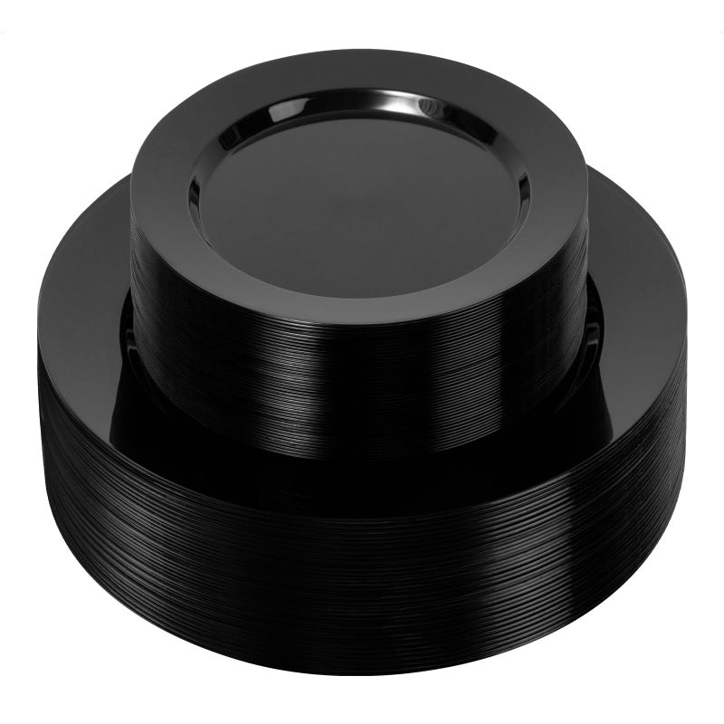 Bestluck 100PCS Black Plastic Plates, Black Disposable Plates for 50 Guests, 50 Dinner Plates 10.25 inch and 50 Dessert Plates 7.5 inch for Party, Graduation, Wedding - Image 1