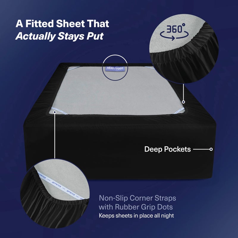 Kickoff Home Kickoff Viscose Bamboo Fitted Sheet Queen Size, 100% Organic Cooling Sheets Fitted ONLY Viscose Bamboo Sheets Queen Size Bed Sheet for Hot Sleepers, Extra Deep Pocket, 4 Corner Strap (Q, Onyx Black) - Image 3