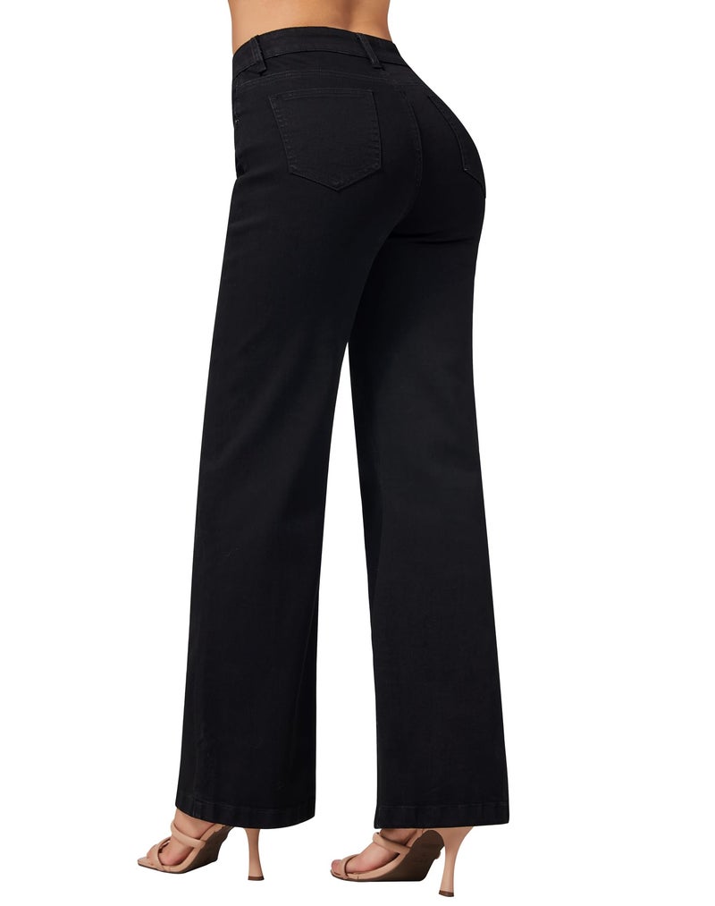 roswear Women's Wide Leg Jeans High Waisted Stretchy Denim Trouser Pants Black X-Large - Image 2