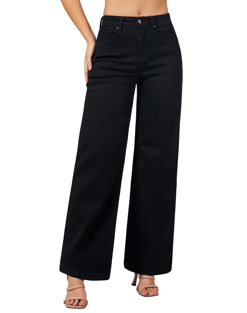 roswear Women's Wide Leg Jeans High Waisted Stretchy Denim Trouser Pants Black X-Large - Image 1