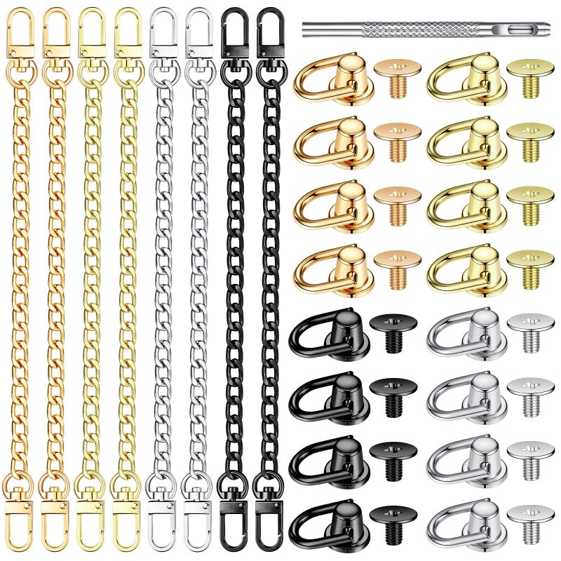 Hanaive 8 Pcs Purse Chain Strap Extender 16 Pcs Studs Rivets D Ring for Purse 7.9 Inch Flat Chain with Post Head Buttons Accessories with Hole Punch for DIY Wallet Handbags Tumblers Craft, 4 Colors - Image 1