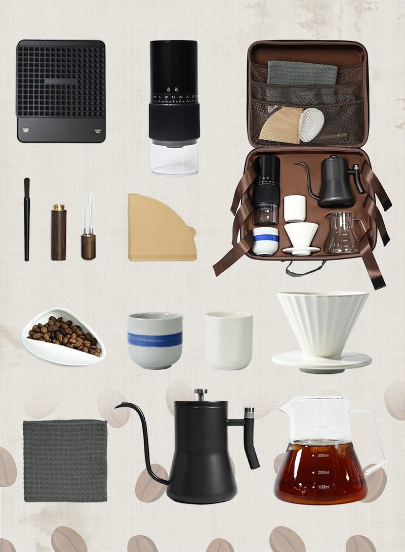 CHOIWIN V60 Coffee Maker Set, 12 Piece Electric Grinder  Coffee Drip Set, Coffee Maker Set with Carbon Fiber Tote, Automatic Brew Coffee Maker Set with Coffee Scale, Coffee Pot, Coffee Filter for Coffee Lovers  - Image 1