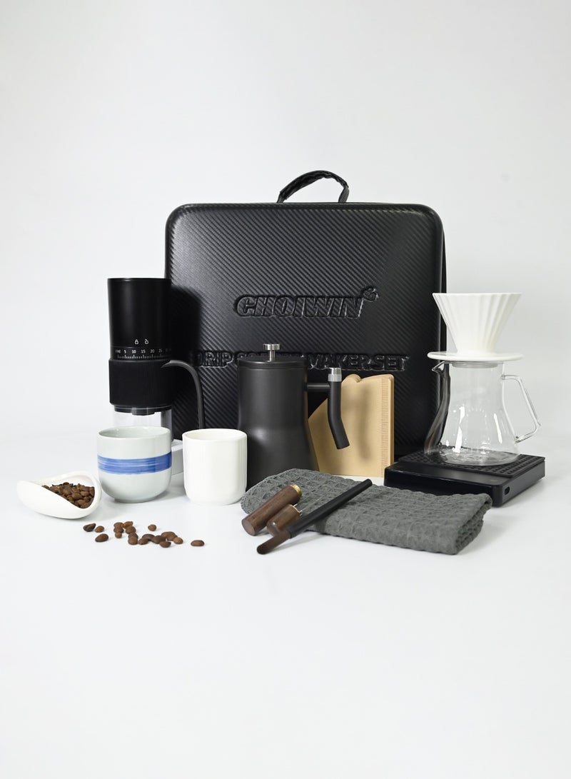 CHOIWIN V60 Coffee Maker Set, 12 Piece Electric Grinder  Coffee Drip Set, Coffee Maker Set with Carbon Fiber Tote, Automatic Brew Coffee Maker Set with Coffee Scale, Coffee Pot, Coffee Filter for Coffee Lovers  - Image 3