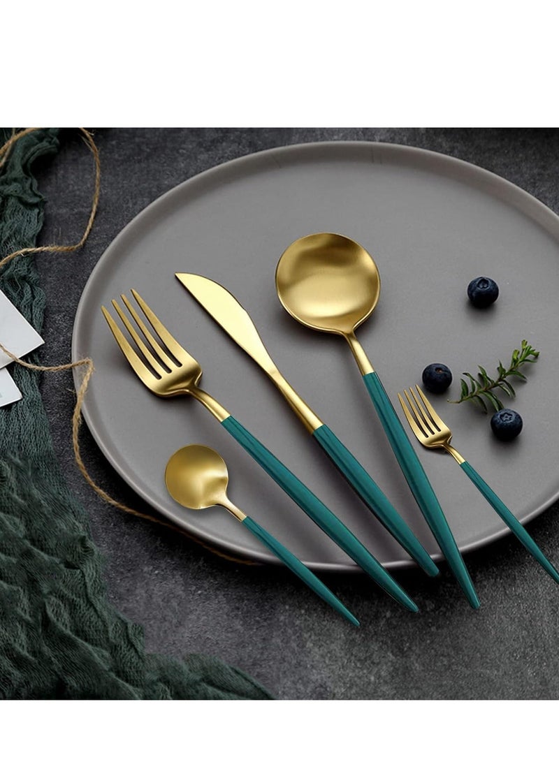 30 PCS Stainless Steel Flatware Set, Cutlery Service for 6,Mirror Polished Green Handle Tableware Set Knife Fork And Spoon For Home & Restaurant