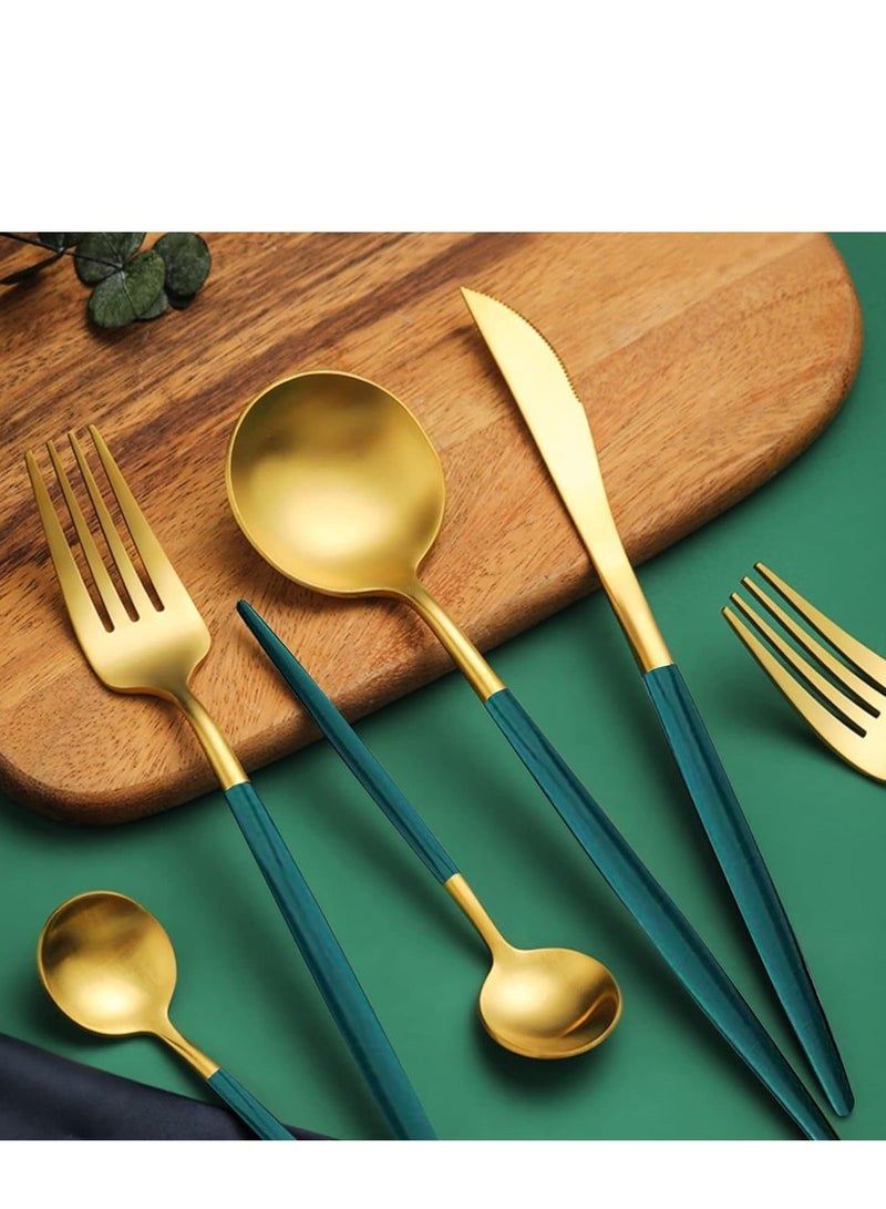 30 PCS Stainless Steel Flatware Set, Cutlery Service for 6,Mirror Polished Green Handle Tableware Set Knife Fork And Spoon For Home & Restaurant